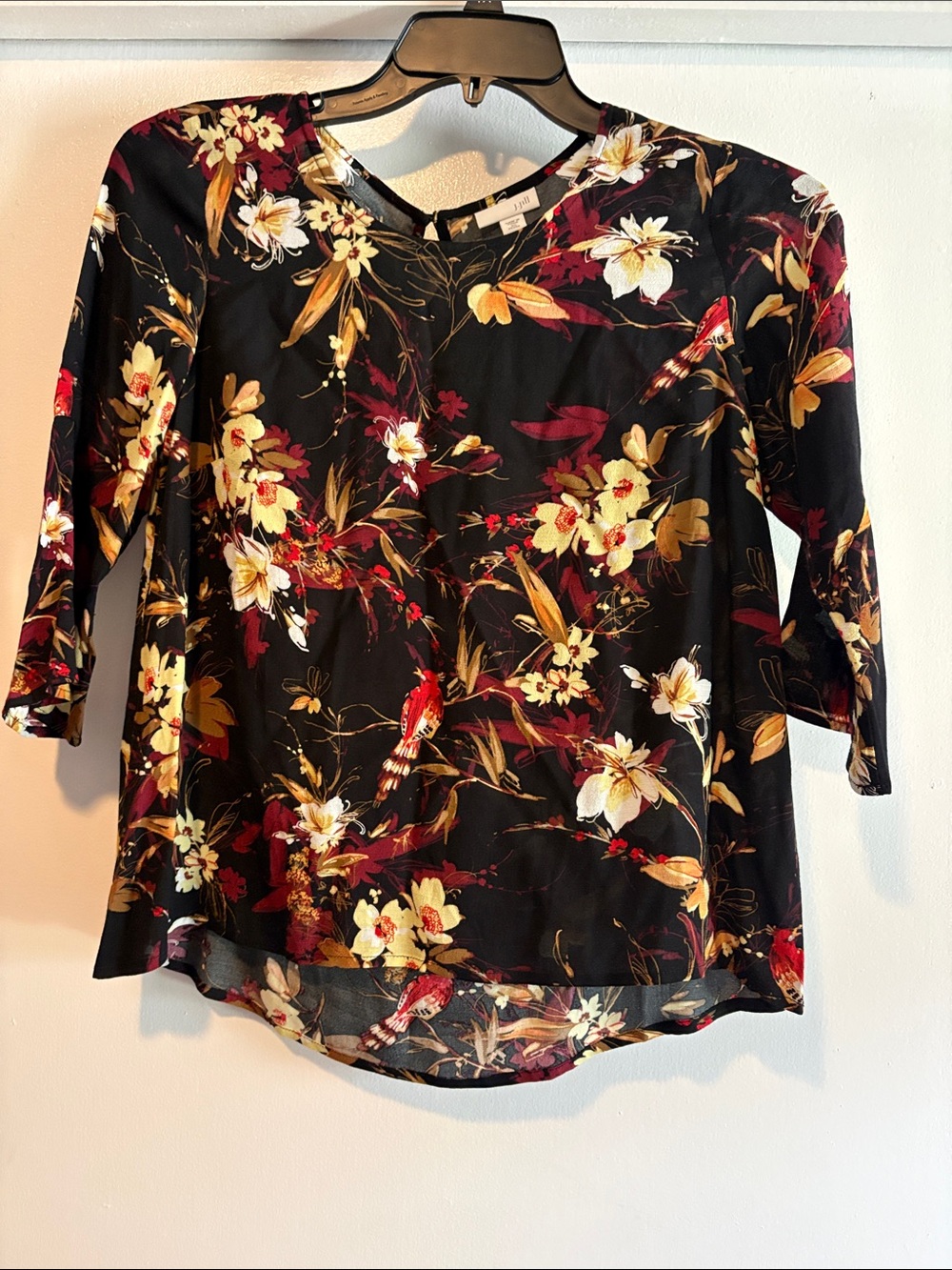J. Jill Black Floral V-Neck Blouse with Yellow & Burgundy Accents